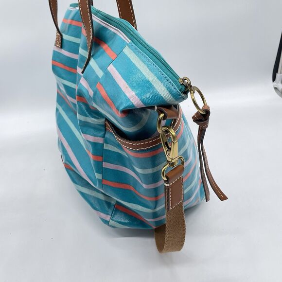 Fossil Stripe Coated Canvas Large Tote Bag Crossbody Strap Multicolor Beach Bag - Picture 4 of 9